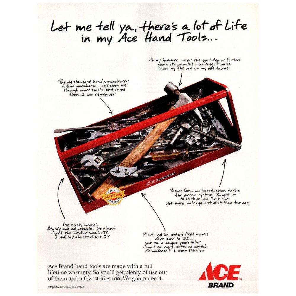 1996 Ace Hardware Store Vintage Print Ad Metal Tool Chest Tray Tools Wall Art